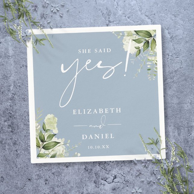 She Said Yes Greenery Dusty Blue Engagement Party Napkins (She Said Yes Greenery Dusty Blue Engagement Party Napkins)