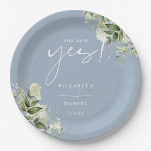 She Said Yes Greenery Dusty Blue Engagement Party Paper Plates