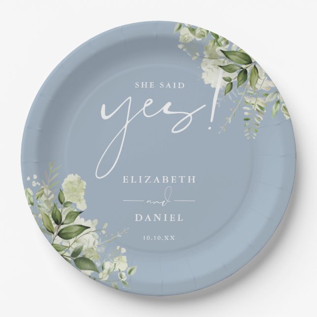 She Said Yes Greenery Dusty Blue Engagement Party Paper Plates (Front)
