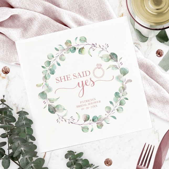 She Said Yes Greenery Eucalyptus Bridal Shower Napkins (Creator Uploaded)