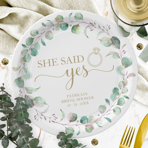 She Said Yes Greenery Eucalyptus Bridal Shower Pap Paper Plates