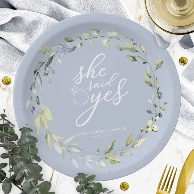 She Said Yes Greenery Eucalyptus Bridal Shower Paper Plates (Creator Uploaded)