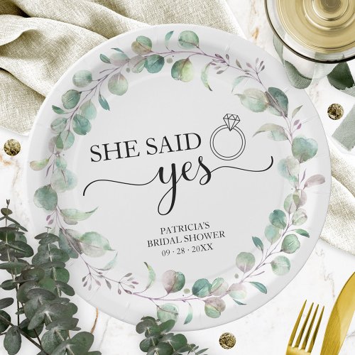 She Said Yes Greenery Eucalyptus Bridal Shower Paper Plates