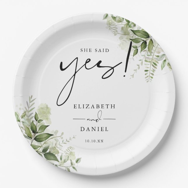 She Said Yes Greenery Floral Engagement Party Paper Plates (Front)