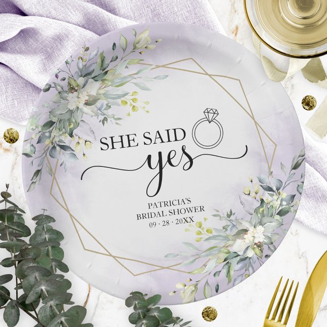 She Said Yes Greenery Geometric Bridal Paper Plates (Creator Uploaded)