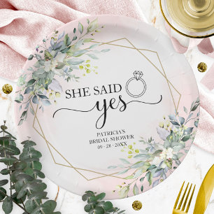 She Said Yes Greenery Geometric Bridal Paper Plates
