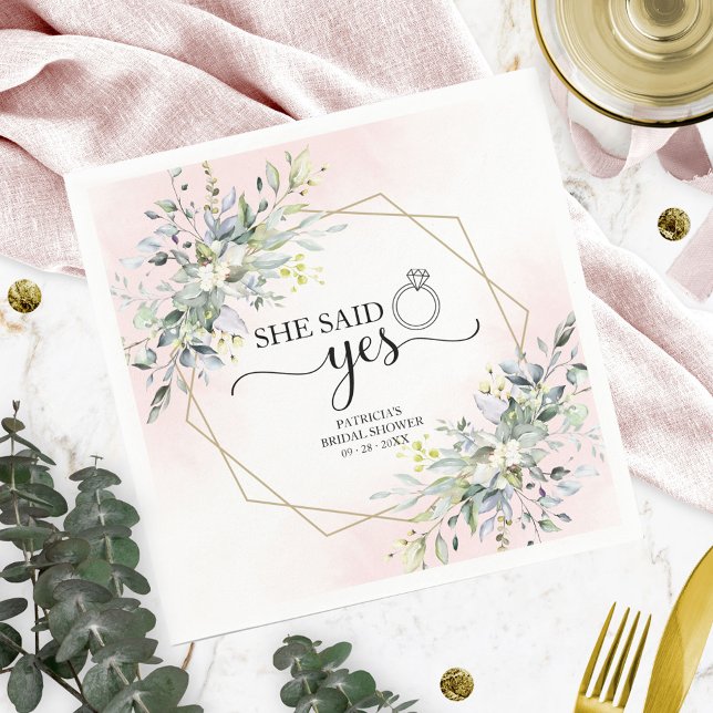 She Said Yes Greenery Geometric Bridal Shower Napk Napkins (Creator Uploaded)