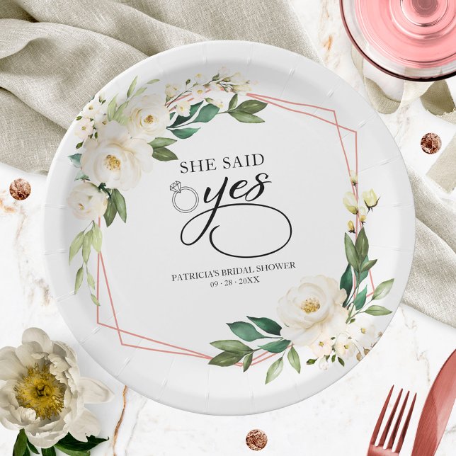 She Said Yes Greenery Geometric Bridal Shower Pape Paper Plates (Creator Uploaded)
