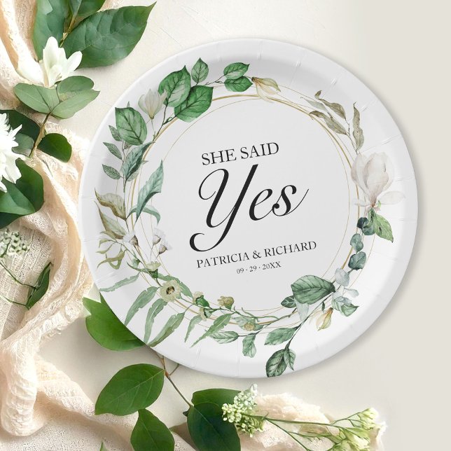 She Said Yes Greenery Geometric Engagement  Paper Plates (Creator Uploaded)