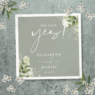 She Said Yes Greenery Sage Green Engagement Party Napkins