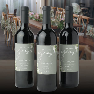 She Said Yes Greenery Sage Green Engagement Party Wine Label