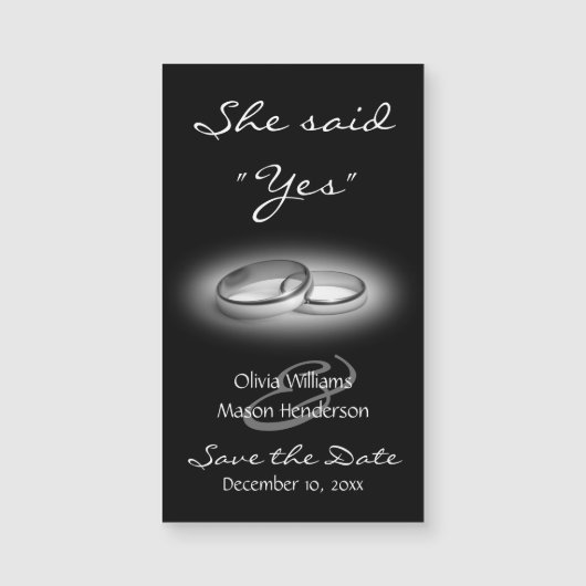 She said "Yes" Inexpensive Save the Date in black (Front)