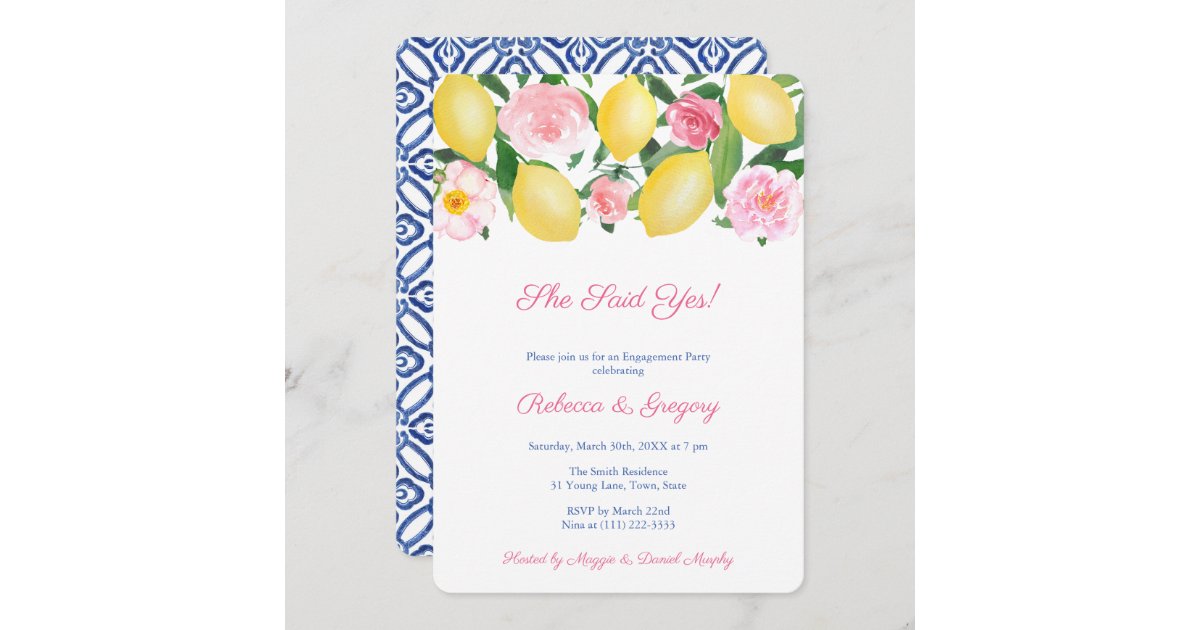 She Said Yes! Lemons & Blue Tiles Engagement Party Invitation