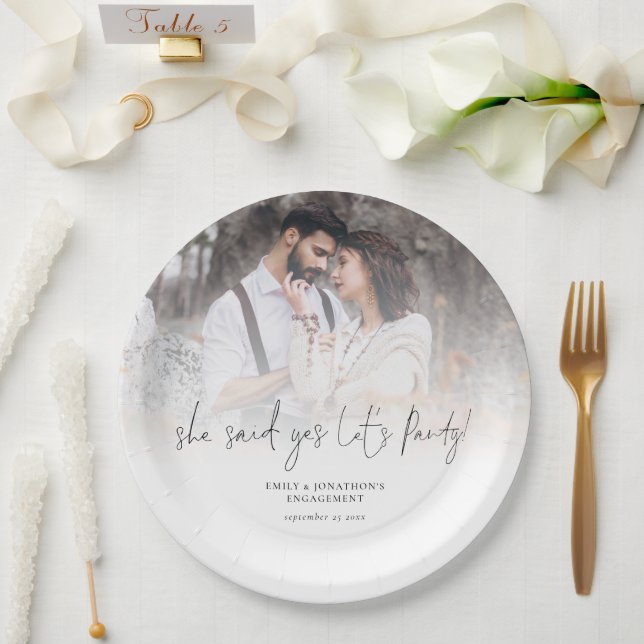 She Said Yes Lets Party Photo Overlay Engagement Paper Plates (Wedding)