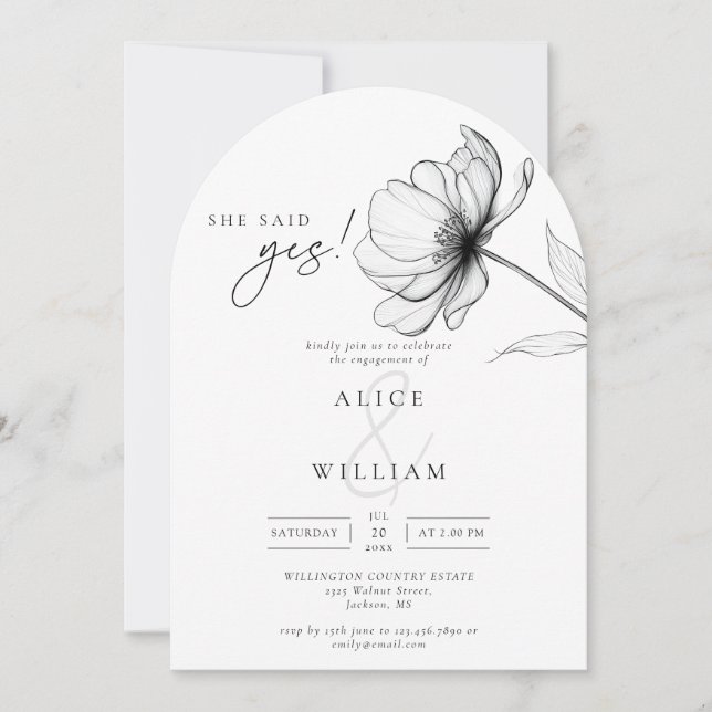She Said Yes Minimal Floral Engagement Party Arch Invitation (Front)