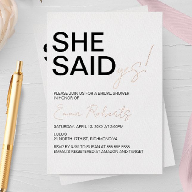 She Said Yes, Minimalist Bridal Shower Foil Invitation (Creator Uploaded)