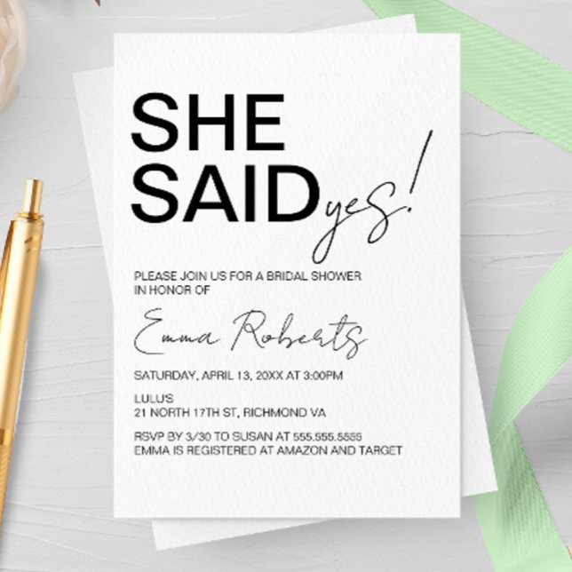 She Said Yes, Minimalist Bridal Shower Invitation (Creator Uploaded)