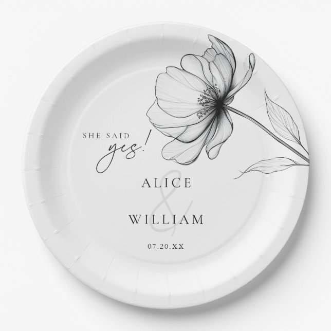 She Said Yes Minimalist Floral Engagement Party Paper Plates (Front)