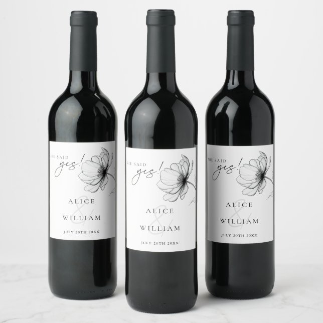 She Said Yes Minimalist Floral Engagement Party Wine Label (Bottles)