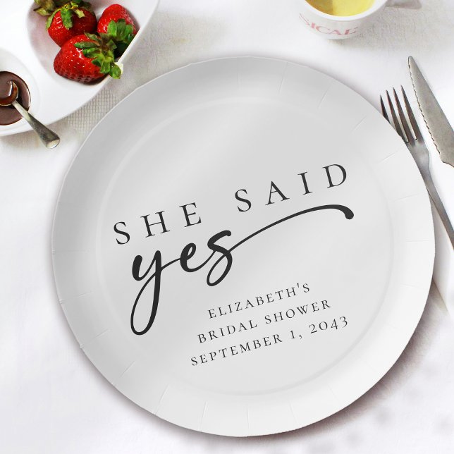 She Said Yes Minimalist Script Bridal Shower Paper Plates (Creator Uploaded)