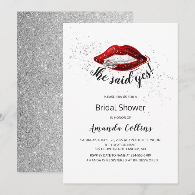 SHE SAID YES Modern Glitter Silver Bridal Shower Invitation (Front/Back)