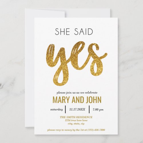 She Said Yes Modern Gold Glitter Engagement Party Invitation