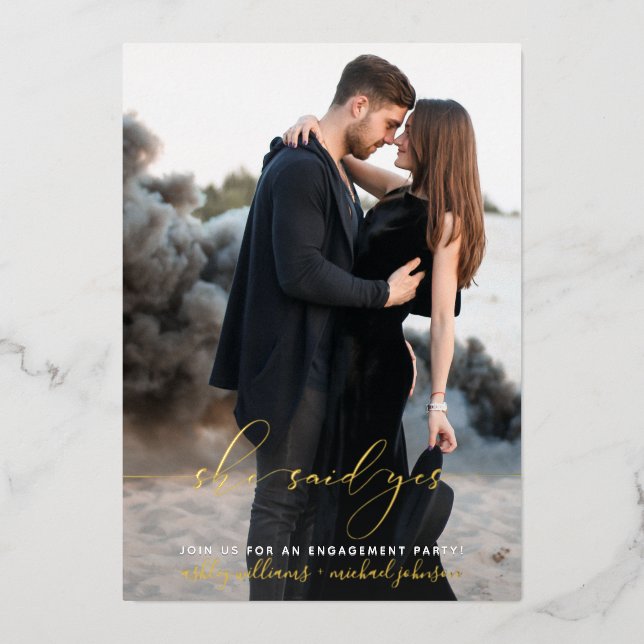 She Said Yes Modern Photo Engagement Party Foil Invitation (Front)