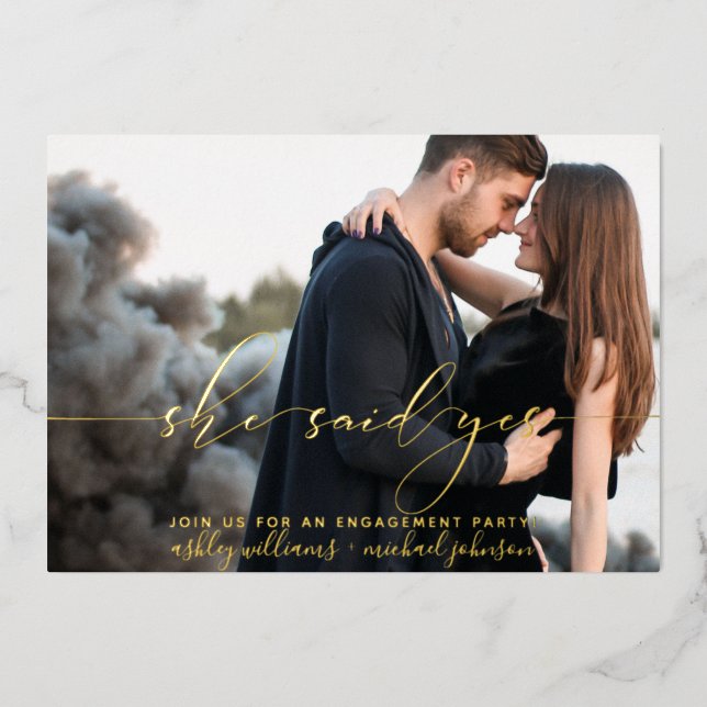 She Said Yes Modern Photo Engagement Party Foil Invitation (Front)