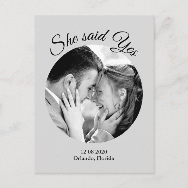 She said Yes Modern Photo Save the Date - gray Announcement Postcard (Front)