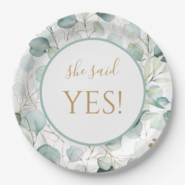 She Said Yes Paper Plates Eucalyptus Bridal Shower (Front)