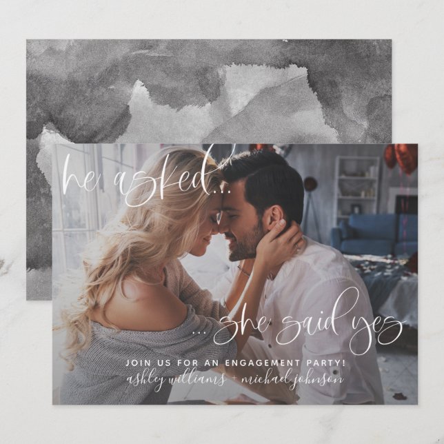 She Said Yes Photo Calligraphy Engagement Party Invitation (Front/Back)