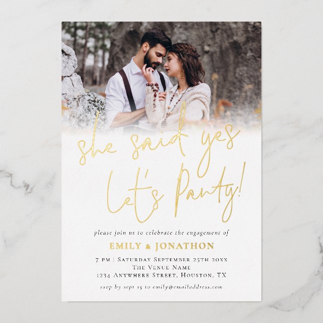 She Said Yes Photo Overlay Engagement Party Real Foil Invitation (Front)