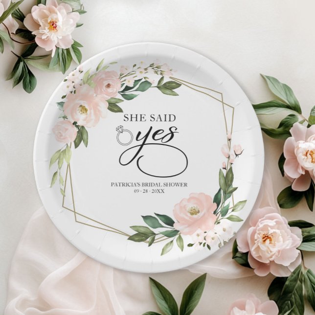 She Said Yes Pink Blush Geometric Bridal Shower Paper Plates (Creator Uploaded)