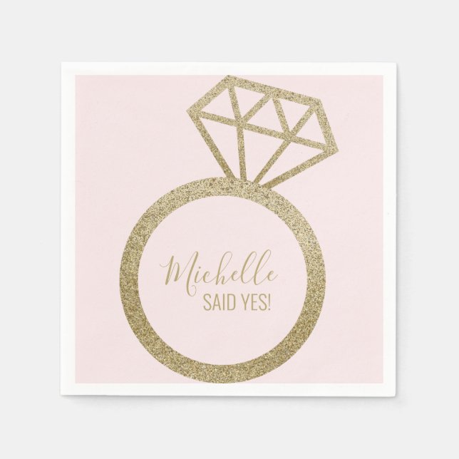 She Said Yes! Pink/Gold Glitter Engagement Ring Napkins (Front)