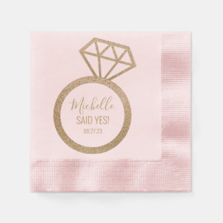 She said yes! Pink/Gold Glitter Ring Bridal Shower Napkins