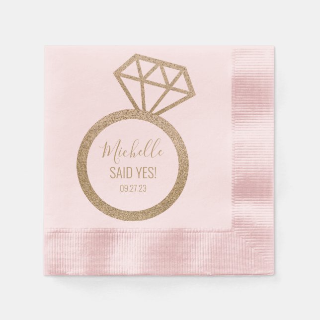She said yes! Pink/Gold Glitter Ring Bridal Shower Napkins (Front)