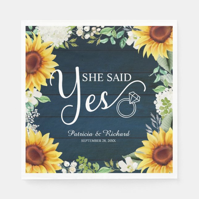 She Said Yes Rustic Sunflowers Engagement Party Napkins (Front)