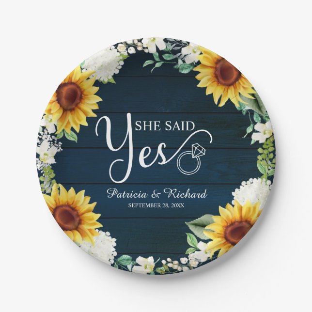She Said Yes Rustic Sunflowers Engagement Party  Paper Plates (Front)