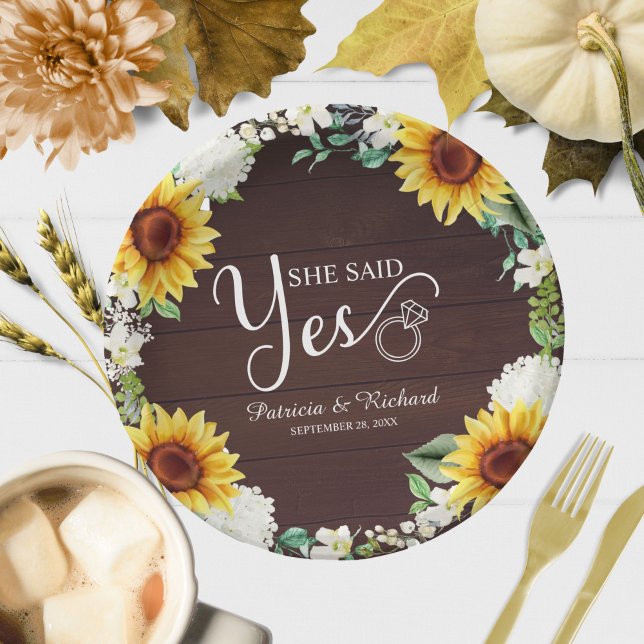 She Said Yes Rustic Sunflowers Engagement Party Paper Plates (Creator Uploaded)