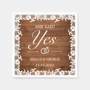She Said Yes Rustic Wood & White Lace Napkins