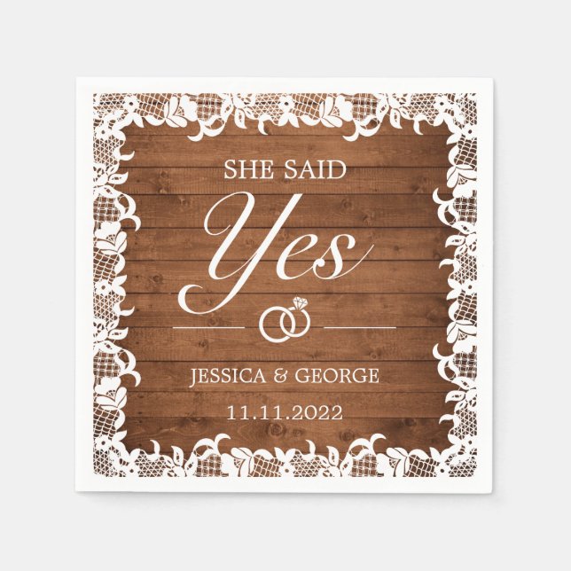 She Said Yes Rustic Wood & White Lace Napkins (Front)