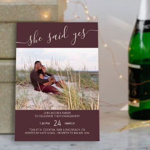 She Said Yes Script Rose Brown Photo Engagement Invitation