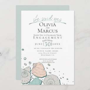 She Said Yes Seashell Engagement Coral Teal Invitation