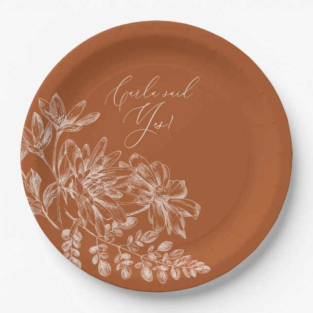 She Said Yes Terra Cotta Monogram Floral Paper Plates (Front)