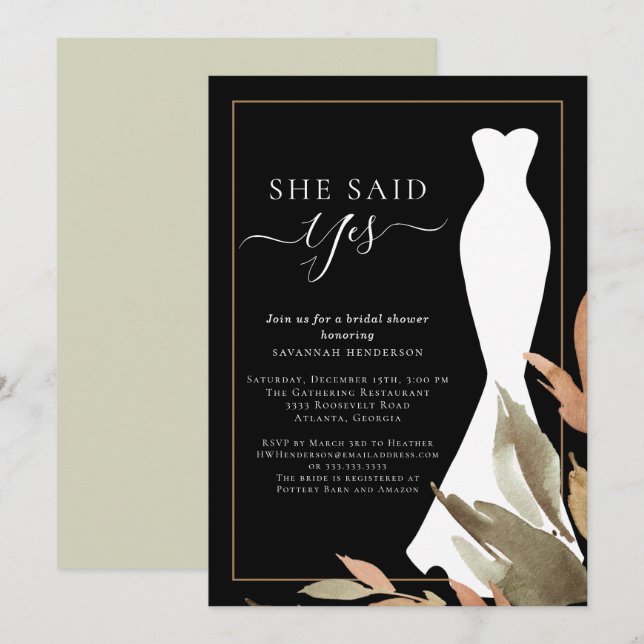 She Said Yes Watercolor Fall Leaves Bridal Shower  Invitation (Front/Back)