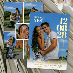 She said yes wedding date engagement photos foil invitation