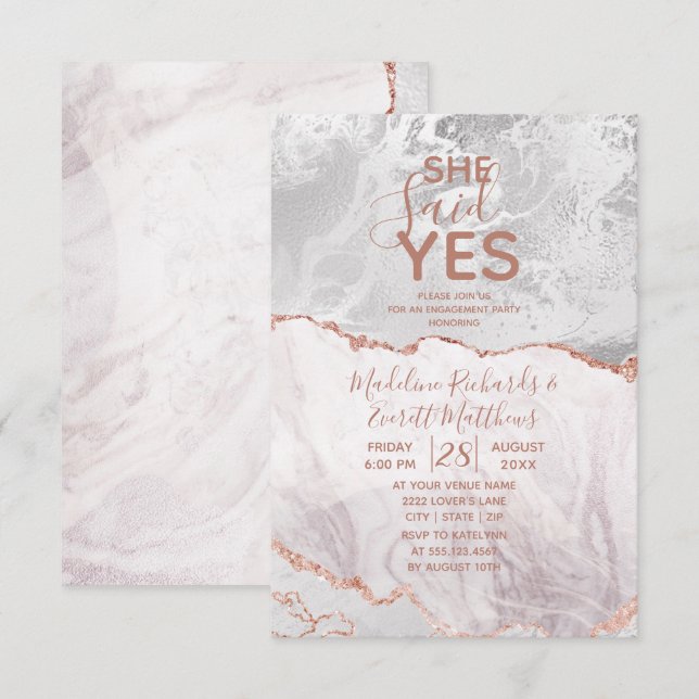 She Said Yes White & Rose Gold Engagement Party Invitation (Front/Back)