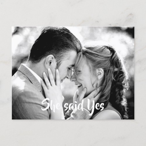 She said Yes White Typography Photo Save the Date Announcement Postcard