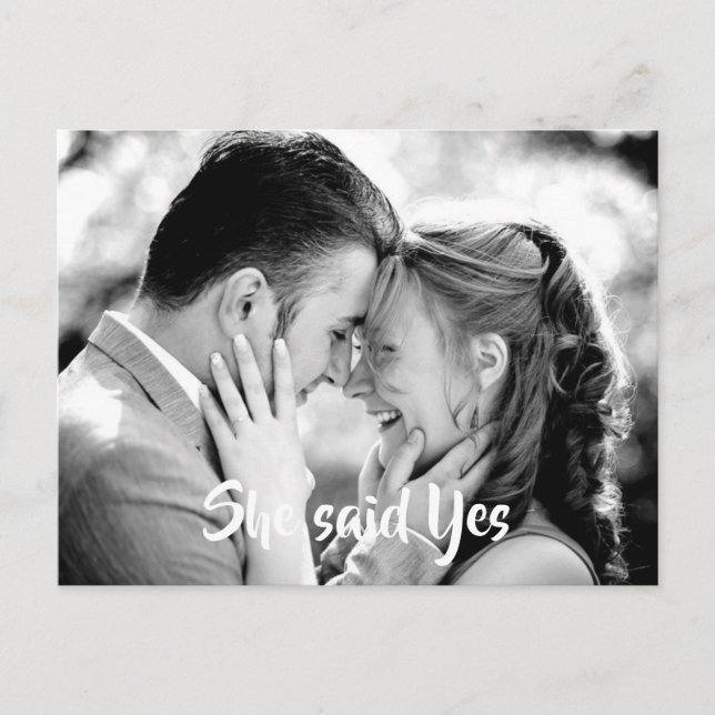 She said Yes White Typography Photo Save the Date Announcement Postcard (Front)