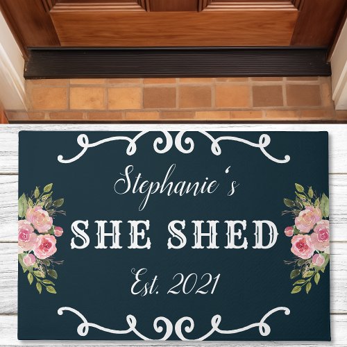 She Shed Floral Year Established Cute Navy Blue Doormat